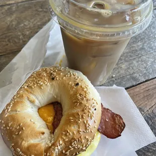 Iced Soy Latte, Sesame Bagel Breakfast Sandwich (Turkey Bacon)