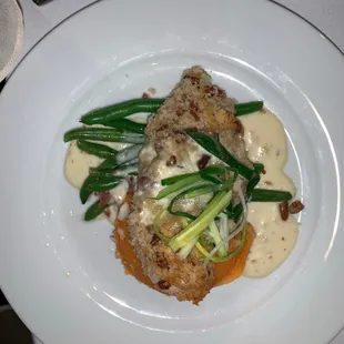 Pecan crusted chicken on mashed sweet potatoes !! DEVINE