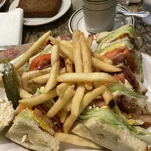 BLT B.L.T. Club Sandwich with fries and Scrapple in the back!