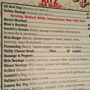 the menu for the restaurant