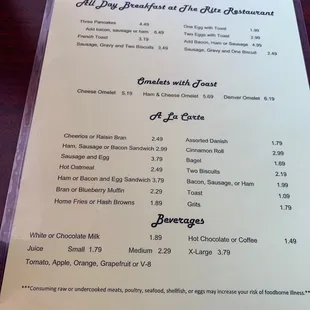 the menu for a day breakfast at a ritz restaurant