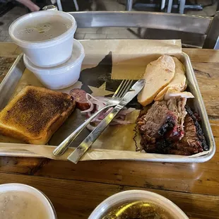 Brisket, turkey, creamed corn, green beans.