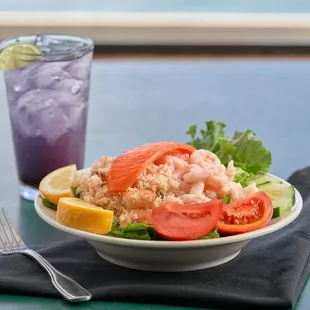 Crab &amp; Shrimp Salad, Spinach Salad, Caesar Salad with Chicken, Prawns or Salmon.