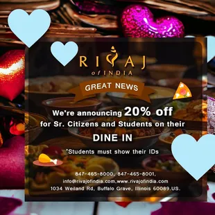 20% OFF for Our DEAR Sr Citizens &amp; Students on Dine In any day