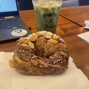 Iced matcha latte &amp; almond croissant