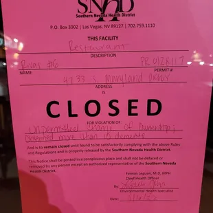 Closed by the Health Dept as of 11/23/22 @ 9pm.