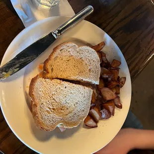 a plate of food and a knife