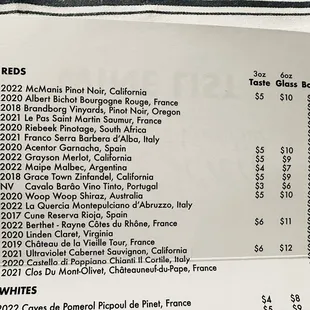 Red wine menu
