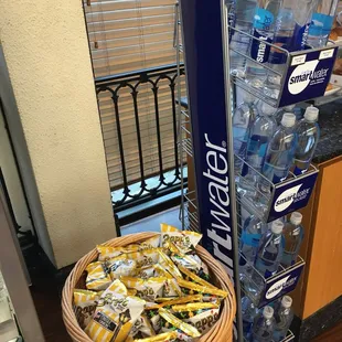 a basket of bottled water