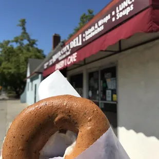 Blueberry bagel with honey walnut cream cheese