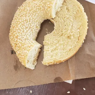 Half of my sesame seed bagel. Not toasted emough but fresh and tasty.