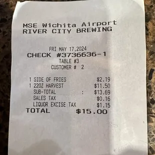 Tha bill..... not bad for fries &amp; a beer@ the airport