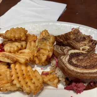 Reuben and waffle fries