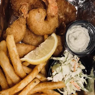 fish and chips with a side of coleslaw