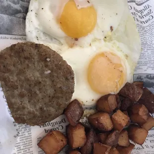 eggs, sausage, and hash browns