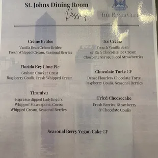 the menu for the dining room