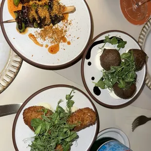 Lamb belly skewer, croquettas, and kebbeh