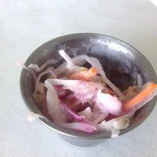 Slaw (pickled type vegetables but tastes plain)