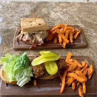Cuban sandwich and dipped fried chicken sandwich with sweet potato fries