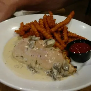 Stuffed chicken with sweet tater fries