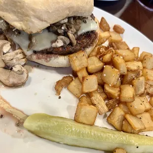 Mushroom &amp; Swiss Burger with Seasoned Diced Potatoes