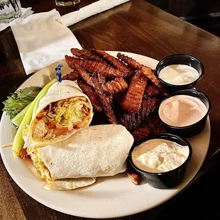 Buffalo Chicken Wrap with Sweet Potato Fries