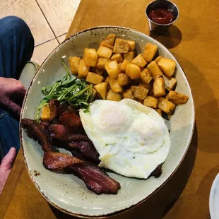 Bacon, potatoes, eggs