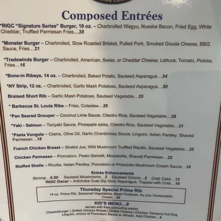 The entree menu. Most up to date menu photo with pricing