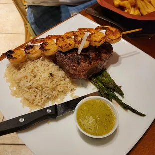 Surf &amp; turf with rice (undercooked) &amp; asparagus