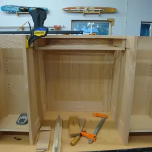 This is a construction photo of one of the pair of corner desks I've been asked to design and build...