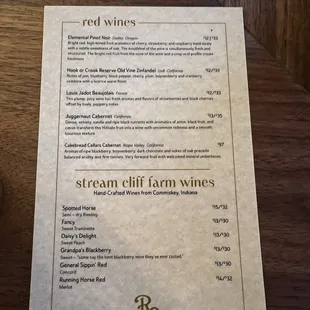 Red Wine menu and Stream Cliff Farm Wines