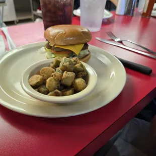 Cheeseburger and okra!