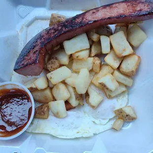 3 eggs, potatoes, and smoked sausage (with BBQ sauce)