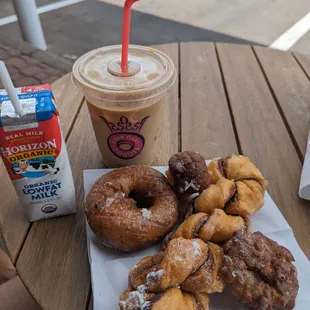 Assortment of donuts// iced coffee