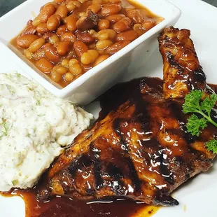Bourbon BBQ Chicken Breast with Potato Salad and BBQ Baked Beans