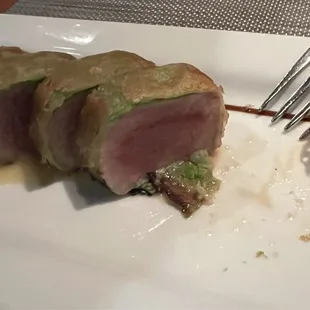 Closeup of Crispy Tuna. Cooked med rare as ordered.