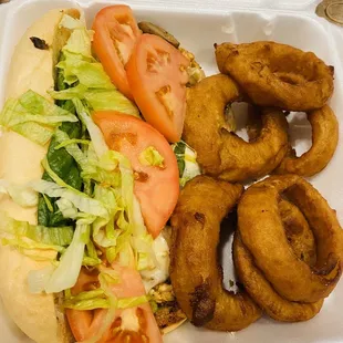 River Chicken and Cheese Sandwich with onion rings