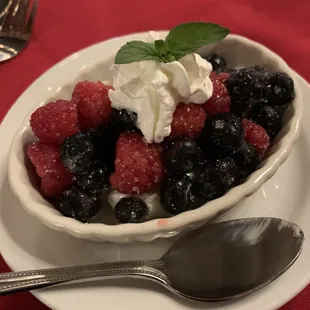 Berries nestled in non-dairy vanilla bean cream for dessert