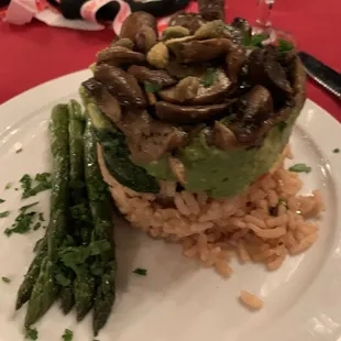 Vegan "tower" served with roasted asparagus