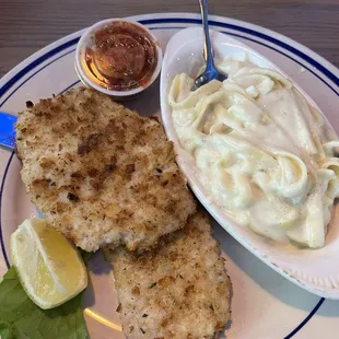 Pork loin Siciliano, delicious super tender breaded pork loin, sub fettuccine Alfredo, delicious!