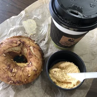 Seasonal pumpkin bagel and whipped pumpkin cream cheese. I think better than the pumpkin donut holes.