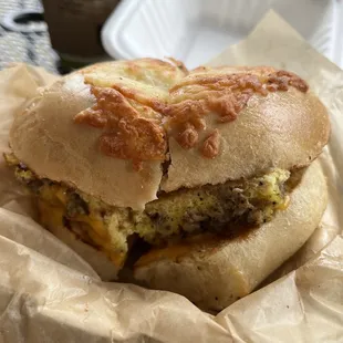Sausage, egg, and cheese sandwich on a bagel
