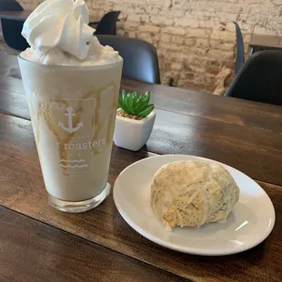 Caramel Frappalatte and lemon poppyseed scone.