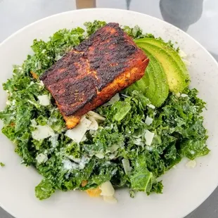 Kale Avocado Caesar Salad w/ Blackened Salmon