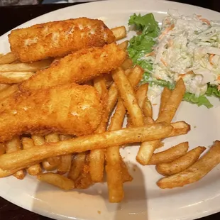 Fish and chips and coleslaw.