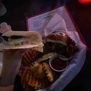 Smoked pork taco and pulled pork sandwich