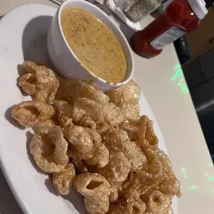 Crawfish dip and pork rinds
