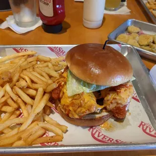 Spicy chicken sandwich and fried pickles