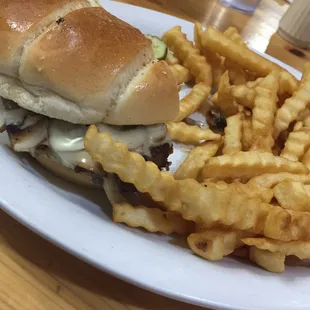 Half my mushroom and Swiss "Fungus" burger with fries