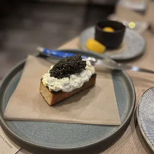 Duck egg salad toast soldier with caviar